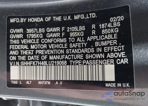 2020 Honda Civic Sport из США, поврежденный, VIN SHHFK7H48LU219068